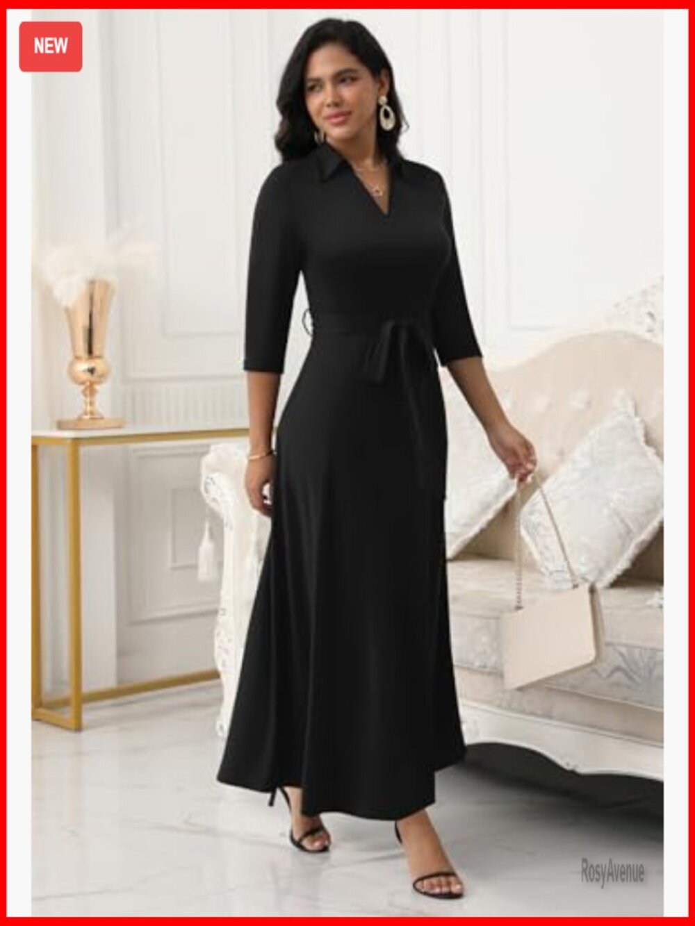Maxi Dress V Neck 3/4 Sleeve Fit & Flare Semi Formal Casual - Picture 3 of 7